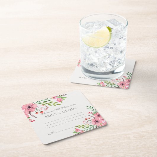 アドバイスとウェルウィッシュ、ピンクの水色の花 スクエアペーパーコースター (インサイチュ)