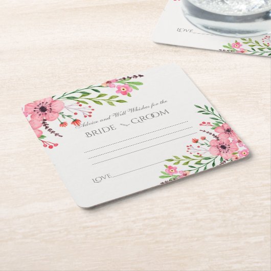 アドバイスとウェルウィッシュ、ピンクの水色の花 スクエアペーパーコースター (アングル)