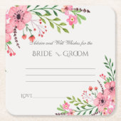 アドバイスとウェルウィッシュ、ピンクの水色の花 スクエアペーパーコースター (正面)