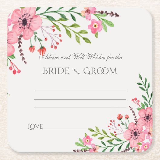 アドバイスとウェルウィッシュ、ピンクの水色の花 スクエアペーパーコースター (正面)
