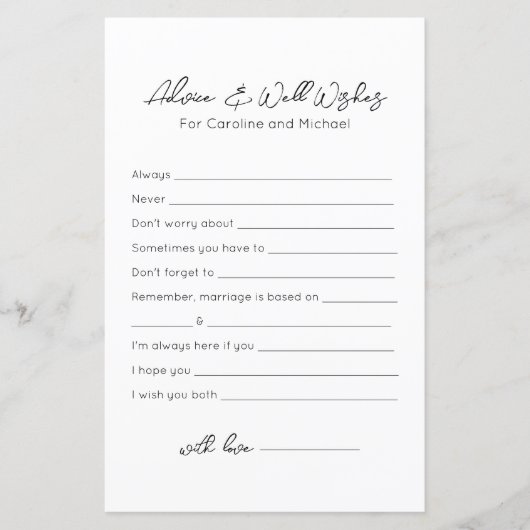 アドバイスとウェルウィッシュ – ブライダルシャワーゲーム (正面)