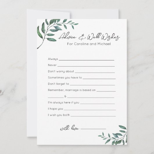 アドバイスとウェルウィッシュ – ブライダルシャワーゲーム シーズンカード (正面)