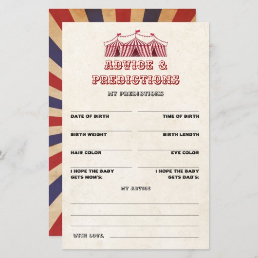 アドバイスと予測サーカス赤ちゃんシャワーゲーム (正面/裏面)