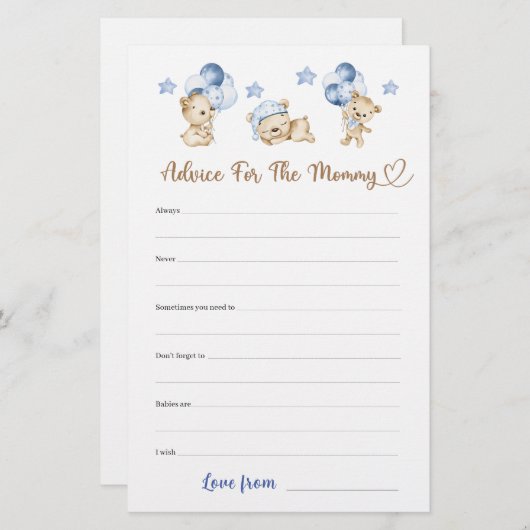 アドバイスのためのママのテディベア男の子の赤ちゃんシャワー (正面/裏面)