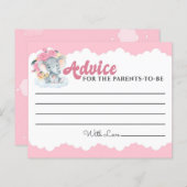 アドバイスカードピンクフローラ象ガールベビーシャワー (正面/裏面)