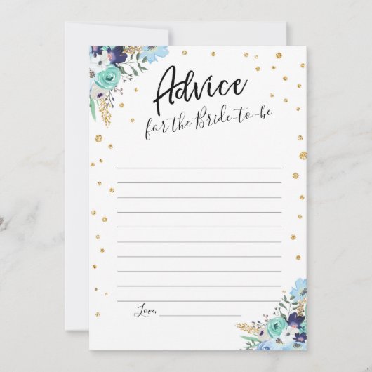 アドバイスカードブルーフローラ金ゴールド旅行ブライダルシャワー 招待状 (正面)