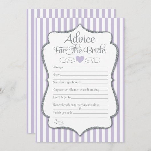 アドバイス用の花嫁ラベンダー薄紫ブライダルシャワー アドバイスカード (正面/裏面)