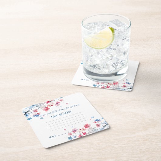 アドバイス&ウェルウィッシュピンク色の水色の花 スクエアペーパーコースター (インサイチュ)