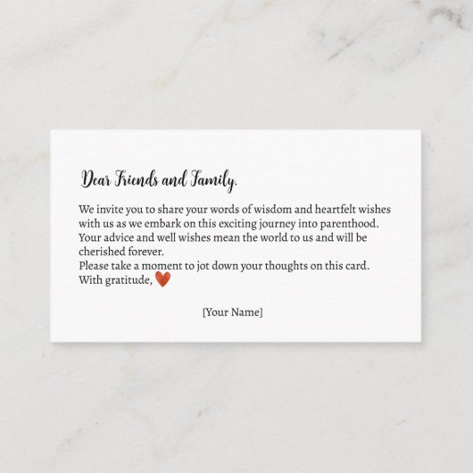 アドバイス&ウェルウィッシュ秋のテディベア赤ちゃんシャワー エンクロージャーカード (裏面)