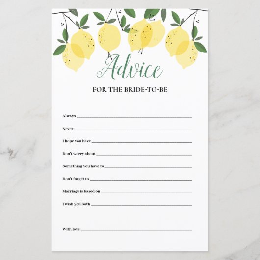 アドバイスfor the Bride Lemonsブライダルシャワーカード (正面)