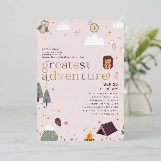 アドバ素晴らしントガールピンクベビーシャワーバラ金ゴールド 箔招待状 (立ち正面)