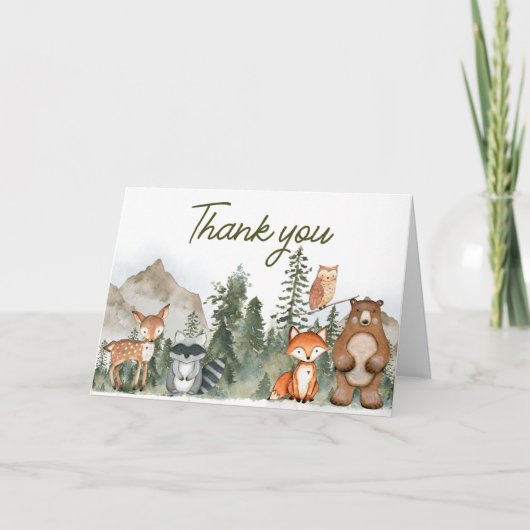 アドベンチャーがウッドランドベビーシャワーを待つ サンキューカード (正面)