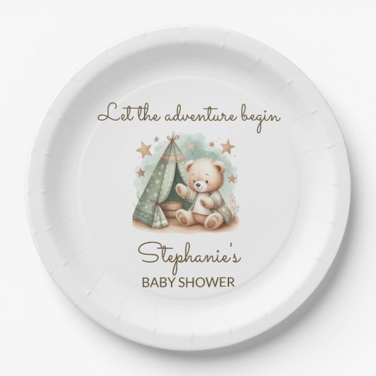 アドベンチャーがテディベアのベビーシャワーを呼び出す ペーパープレート (正面)