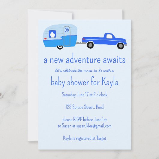 アドベンチャーが可愛いトラック&トレーラーベビーシャワーを待つ 招待状 (正面)
