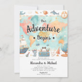 アドベンチャーが始まるマップカップルニュートラルベビーシャワー 招待状 (正面)
