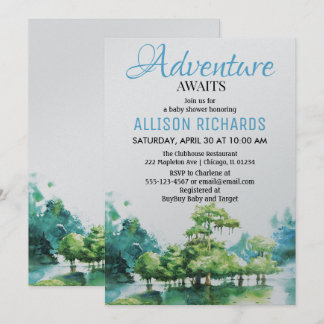 アドベンチャーが待っている フォレスト ウォーター ベイビー シャワー 招待状