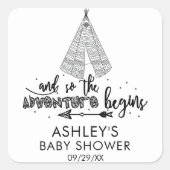 アドベンチャーが赤ちゃんシャワーの好意ステッカーを待つ スクエアシール (正面)