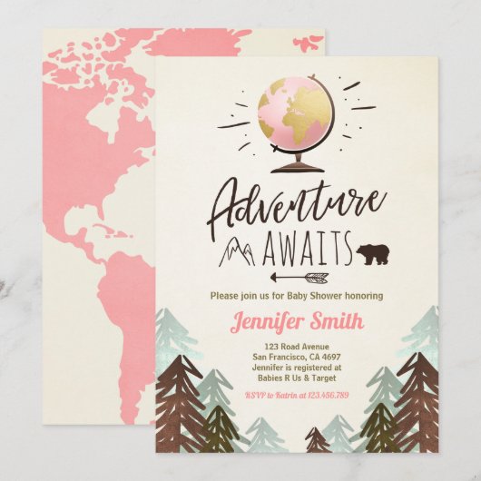 アドベンチャーな出会いが待っています♪ 赤ちゃんのお披露目パーティーご招待 Vintage Girl 招待状 (正面/裏面)