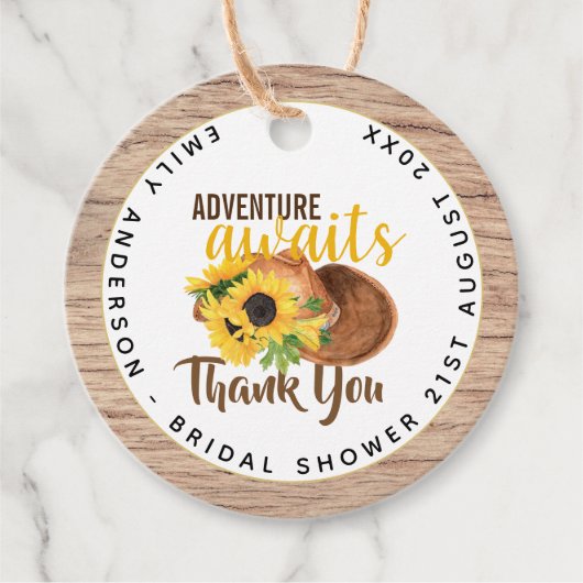 アドベンチャーに満ちたラスティックひまわり ブライダルシャワー フェイバータグ (正面)