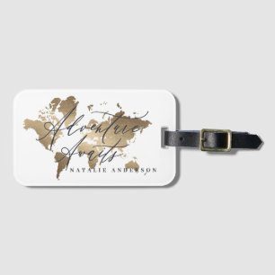 アドベンチャーは金ゴールド水彩世界地図を待っている ラゲッジタグ