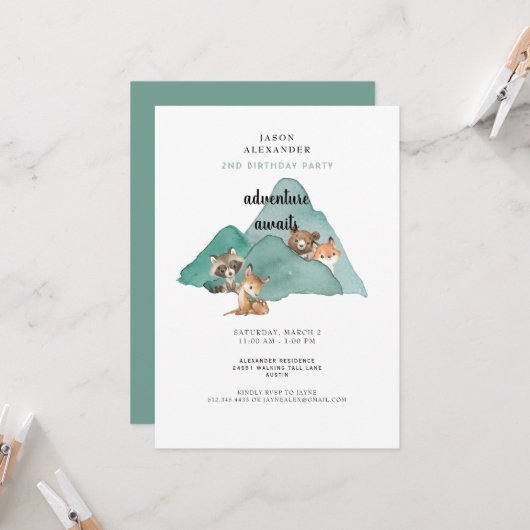 アドベンチャーアウェイズウッドランドアニマルズ誕生日 招待状 (正面/裏面インサイチュ)