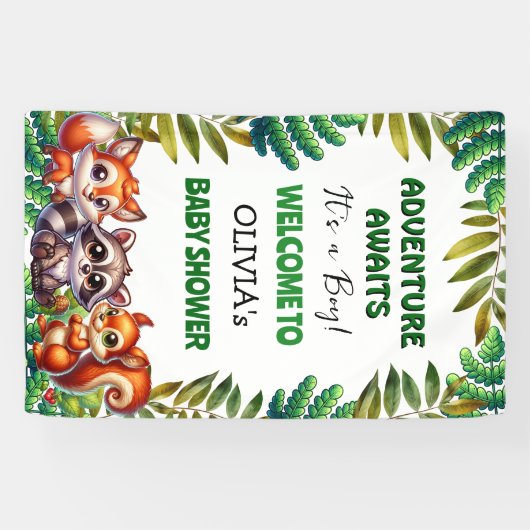 アドベンチャーアウェイズウッドランドキツネボーイズベビーシャワー 横断幕 (横)