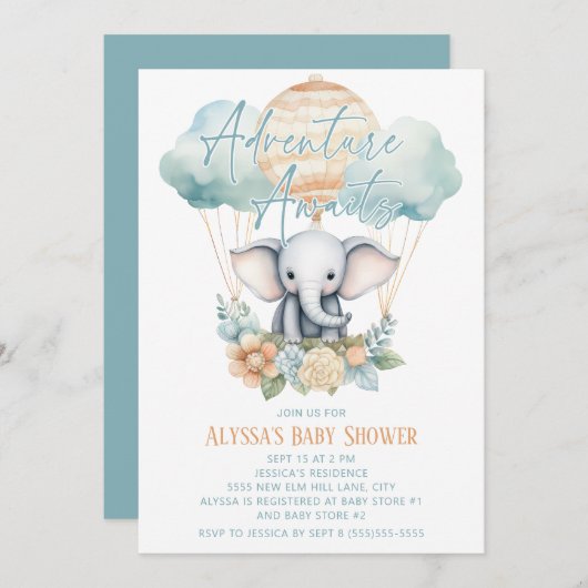アドベンチャーアウェイズエレファントホットエアバルーンブルーボーイ 招待状 (正面/裏面)