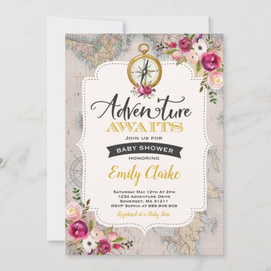 アドベンチャーアウェイズベビーシャワー招待状マップシャワー 招待状 (正面)