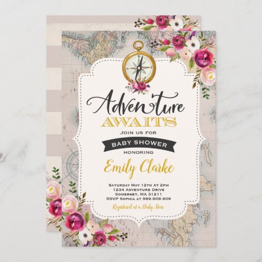 アドベンチャーアウェイズベビーシャワー招待状マップシャワー 招待状 (正面/裏面)