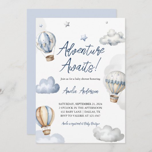 アドベンチャーアウェイズホットエアブルーバルーンベビーシャワー 招待状 (正面/裏面)