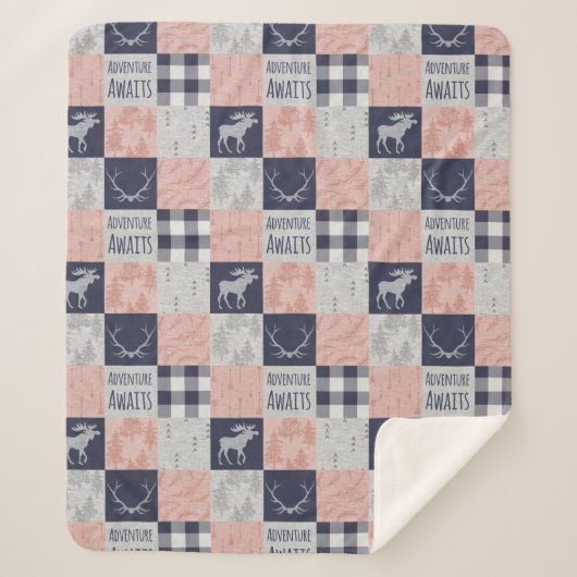 アドベンチャーアウェイズミンキー/シャーパスロー、ピンクとネイビー シェルパブランケット (正面)