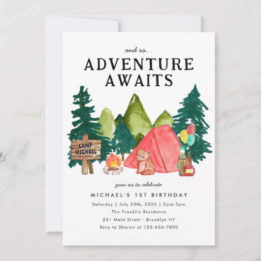 アドベンチャーアウェイズレッドテントベアーキャンプ誕生日 招待状 (正面)
