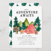アドベンチャーアウェイズレッドテントベアーキャンプ誕生日 招待状 (正面/裏面)