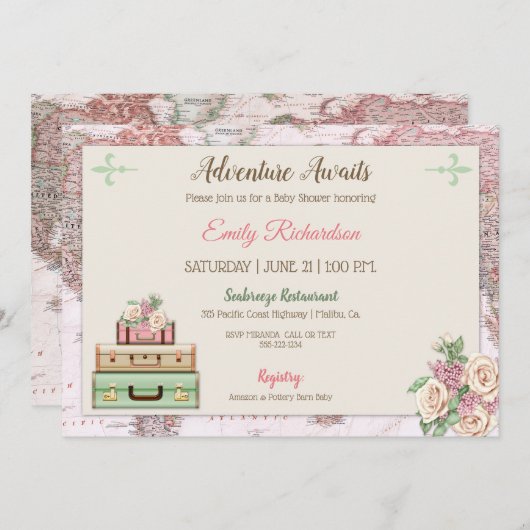 アドベンチャーアウェイズワールドトラベルピンクミントフローラ 招待状 (正面/裏面)