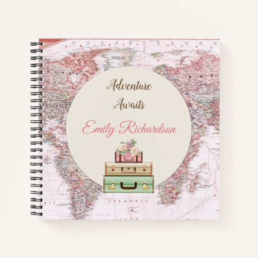 アドベンチャーアウェイズワールドトラベルマップピンクアイボリーバラ ノートブック (正面)