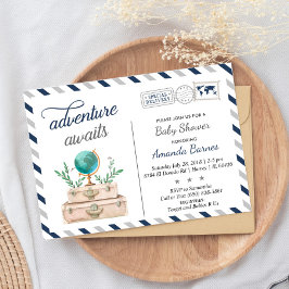 アドベンチャーアウェイズワールドトラベル男の赤ちゃんシャワーネイビー 招待状