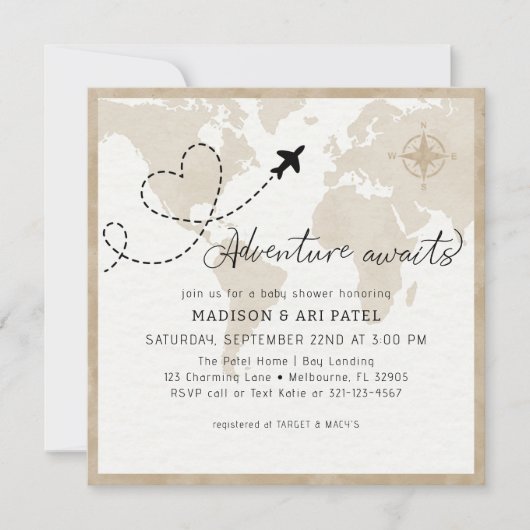アドベンチャーアウェイツトラベルベビーシャワー招待状 招待状 (正面)