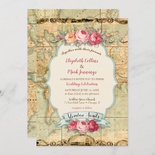 アドベンチャーアウェイツヴィンテージワールドマップバラ 招待状 (正面/裏面)