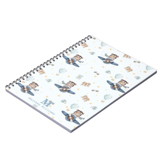 アドベンチャーアビエーションキュートベアーブルー飛行機モノグラム ノートブック (左側)