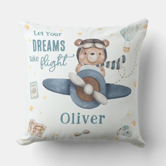 アドベンチャーアビエーションキュートベアーブルー飛行機 クッション (正面)