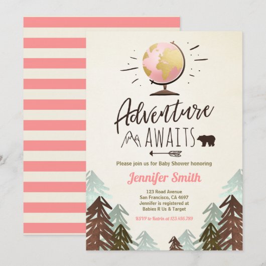 アドベンチャーアワイツベビーシャワー招待状ヴィンテージガール 招待状 (正面/裏面)