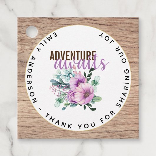 アドベンチャーアワイ素朴ズパープルフラワーベビーシャワー フェイバータグ (正面)