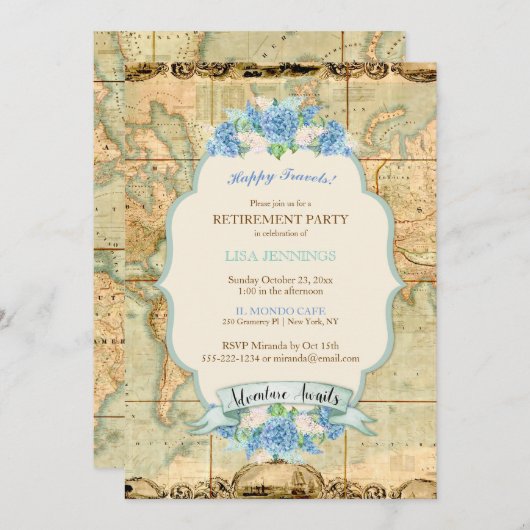 アドベンチャーアワitsヴィンテージワールドマップブルーアジサイ 招待状 (正面/裏面)