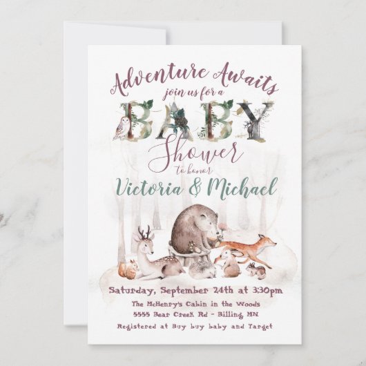 アドベンチャーウッドランドフォレストアニマルズベビーシャワー 招待状 (正面)