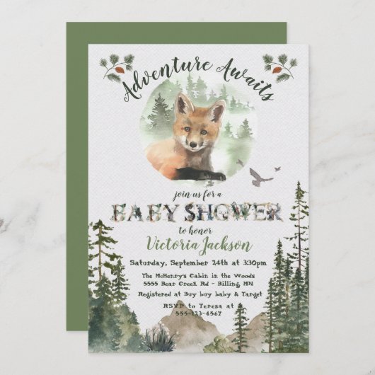 アドベンチャーウッドランドベビーキツネフォレストベビーシャワー 招待状 (正面/裏面)