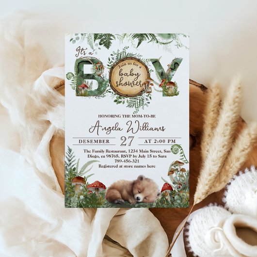 アドベンチャーウッドランドマッシュルームシダ男の赤ちゃんシャワー 招待状