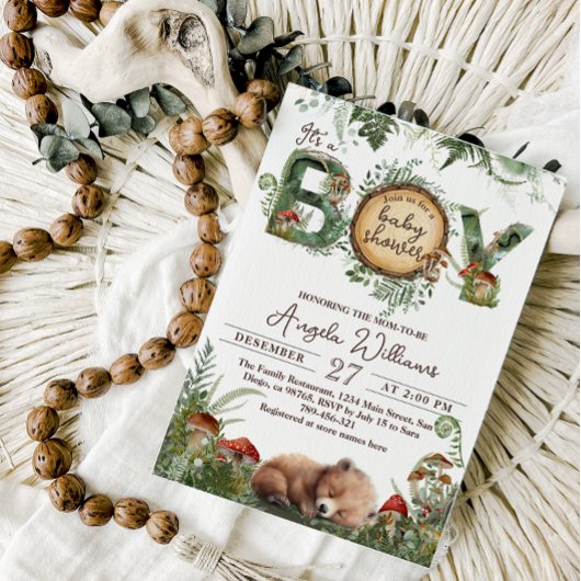 アドベンチャーウッドランドマッシュルームシダ男の赤ちゃんシャワー 招待状