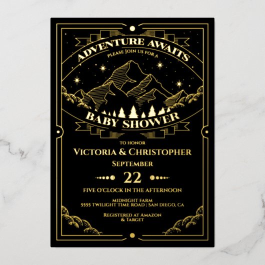 アドベンチャーウッドランド山林ベビーシャワー 箔招待状 (正面)