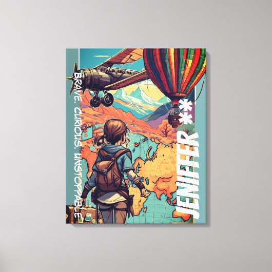 アドベンチャーガールパーソナライズされたトラベルテーマ キャンバスプリント (正面)