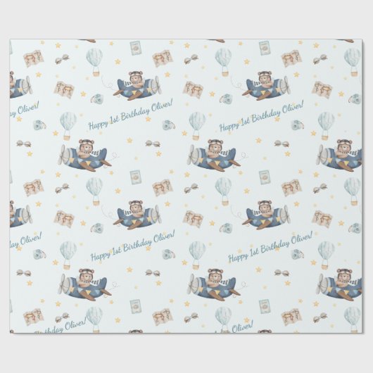 アドベンチャーキュートアビエーションベアーブルー飛行機カスタム ラッピングペーパー (フラット)